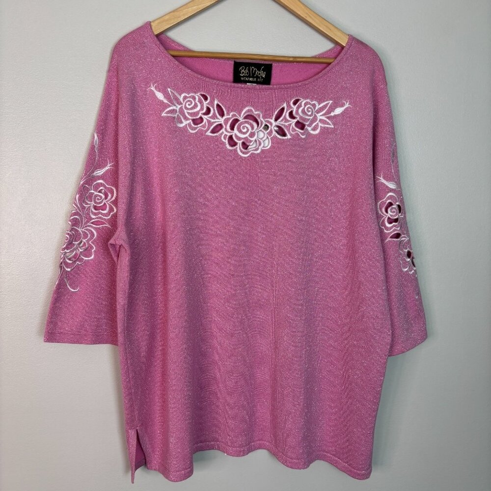 Bob Mackie Wearable Art Sweater 1X Pink Sparkle Embroidered Floral 3/4 Sleeve
